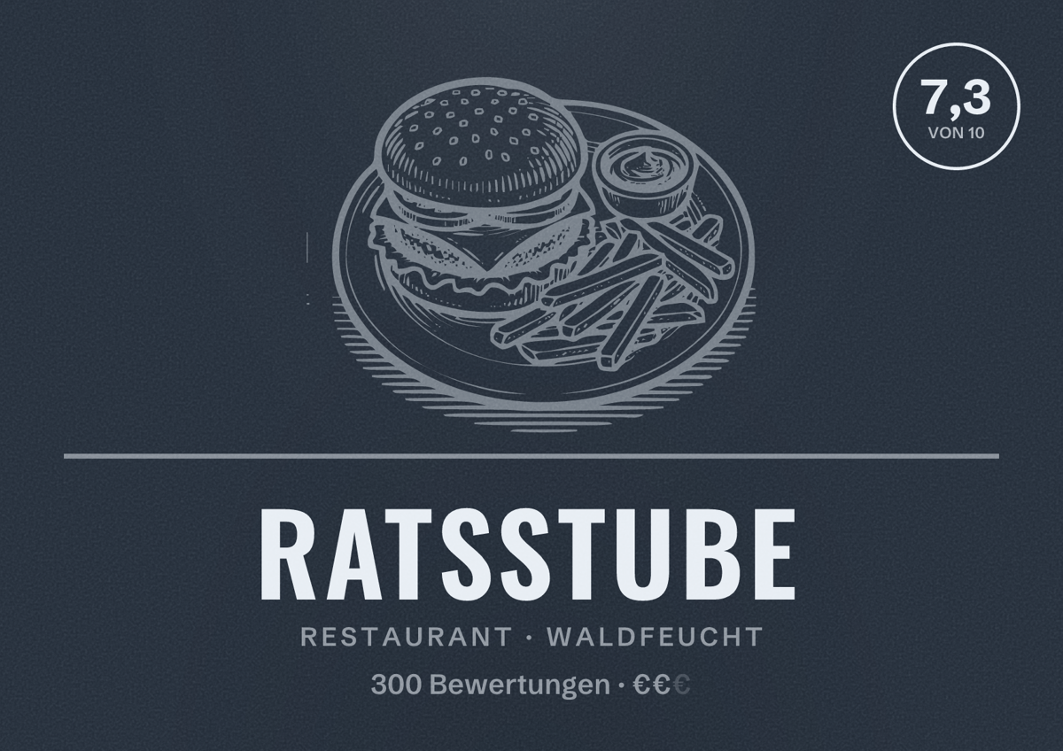 Illustriertes Poster von Ratsstube, Restaurant in Waldfeucht: Bewertung 7,3 von 10 aus 300 Bewertungen, Preisniveau €€