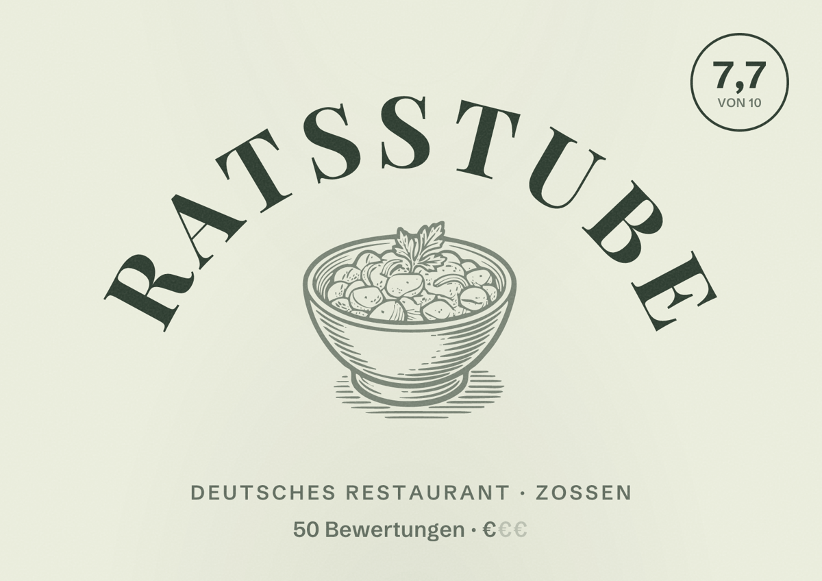 Illustriertes Poster von Ratsstube, Deutsches Restaurant in Zossen: Bewertung 7,7 von 10 aus 50 Bewertungen, Preisniveau €