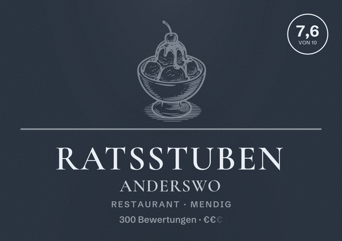Illustriertes Poster von Ratsstuben Anderswo, Restaurant in Mendig: Bewertung 7,6 von 10 aus 300 Bewertungen, Preisniveau €€