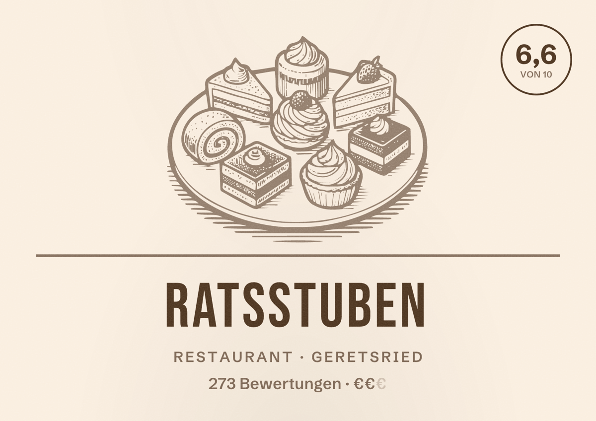 Illustriertes Poster von Ratsstuben, Restaurant in Geretsried: Bewertung 6,6 von 10 aus 273 Bewertungen, Preisniveau €€