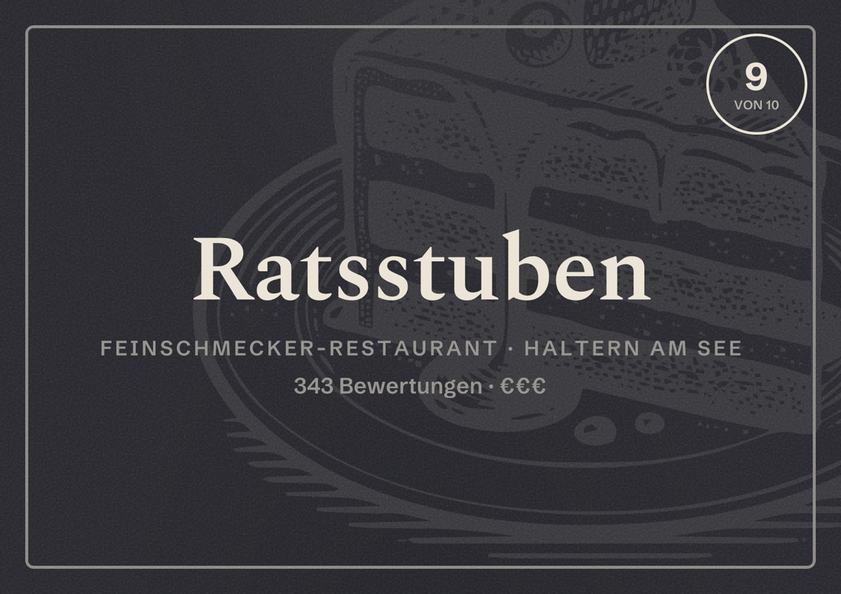 Illustriertes Poster von Ratsstuben, Feinschmecker-Restaurant in Haltern am See: Bewertung 9 von 10 aus 343 Bewertungen, Preisniveau €€€