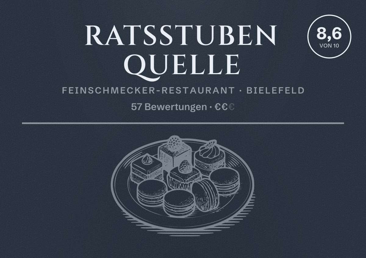 Illustriertes Poster von Ratsstuben Quelle, Feinschmecker-Restaurant in Bielefeld: Bewertung 8,6 von 10 aus 57 Bewertungen, Preisniveau €€