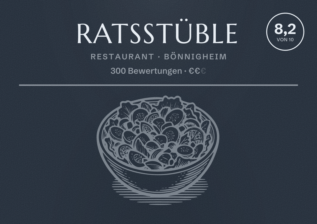 Illustriertes Poster von Ratsstüble, Restaurant in Bönnigheim: Bewertung 8,2 von 10 aus 300 Bewertungen, Preisniveau €€