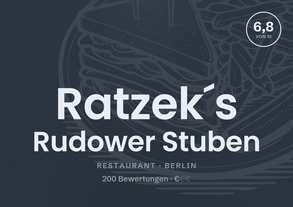 Illustriertes Poster von Ratzek´s Rudower Stuben, Restaurant in Berlin: Bewertung 6,8 von 10 aus 200 Bewertungen, Preisniveau €