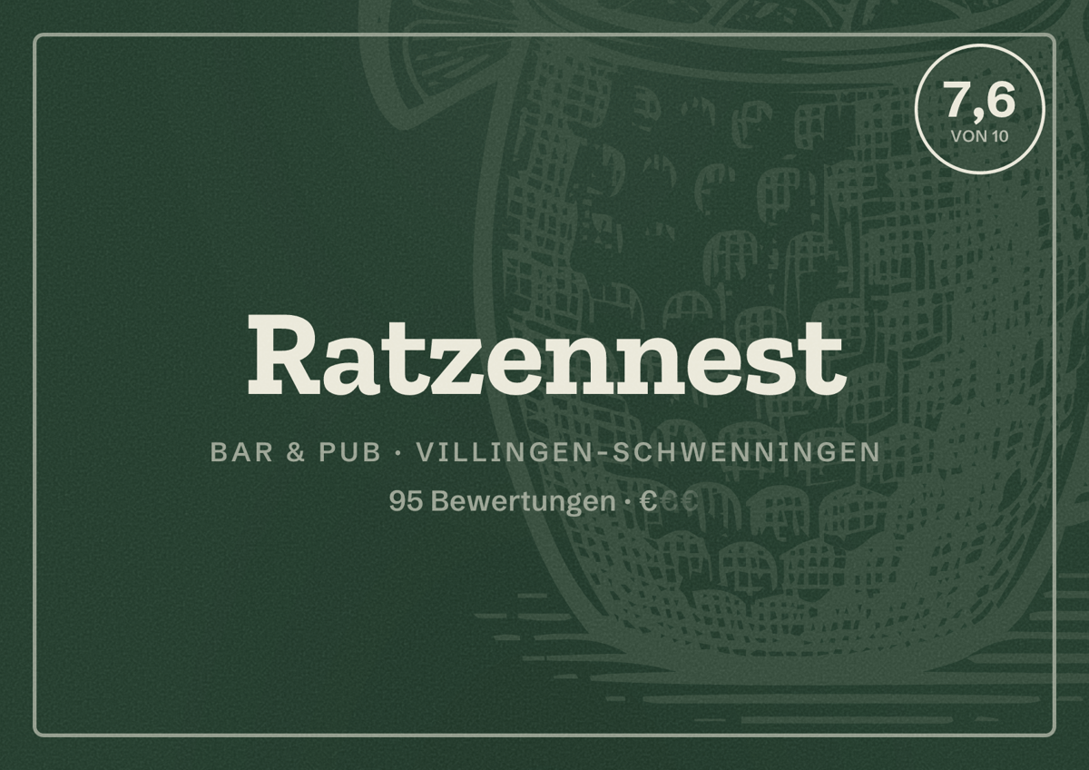 Illustriertes Poster von Ratzennest, Bar & Pub in Villingen-Schwenningen: Bewertung 7,6 von 10 aus 95 Bewertungen, Preisniveau €