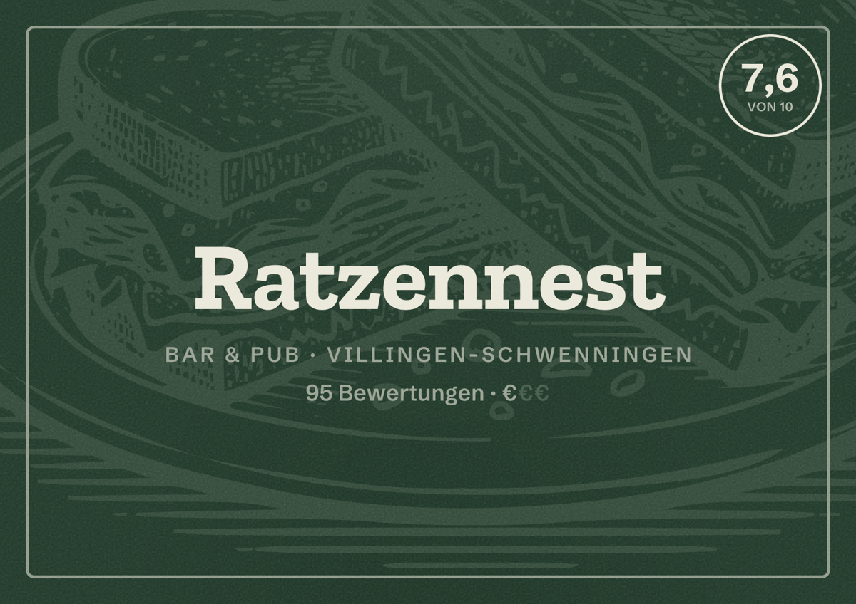 Illustriertes Poster von Ratzennest, Bar & Pub in Villingen-Schwenningen: Bewertung 7,6 von 10 aus 95 Bewertungen, Preisniveau €