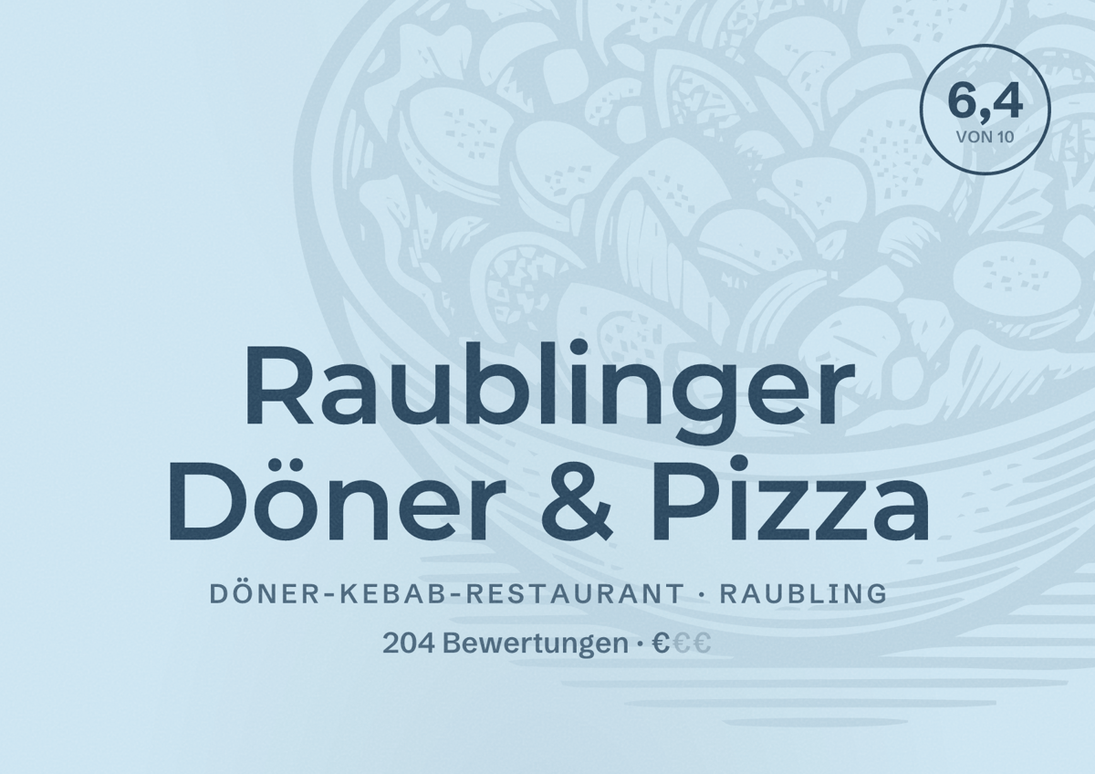 Illustriertes Poster von Raublinger Döner & Pizza, Döner-Kebab-Restaurant in Raubling: Bewertung 6,4 von 10 aus 204 Bewertungen, Preisniveau €