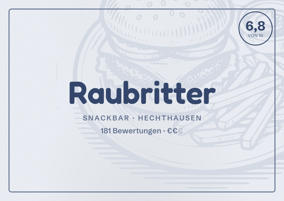 Illustriertes Poster von Raubritter, Snackbar in Hechthausen: Bewertung 6,8 von 10 aus 181 Bewertungen, Preisniveau €€