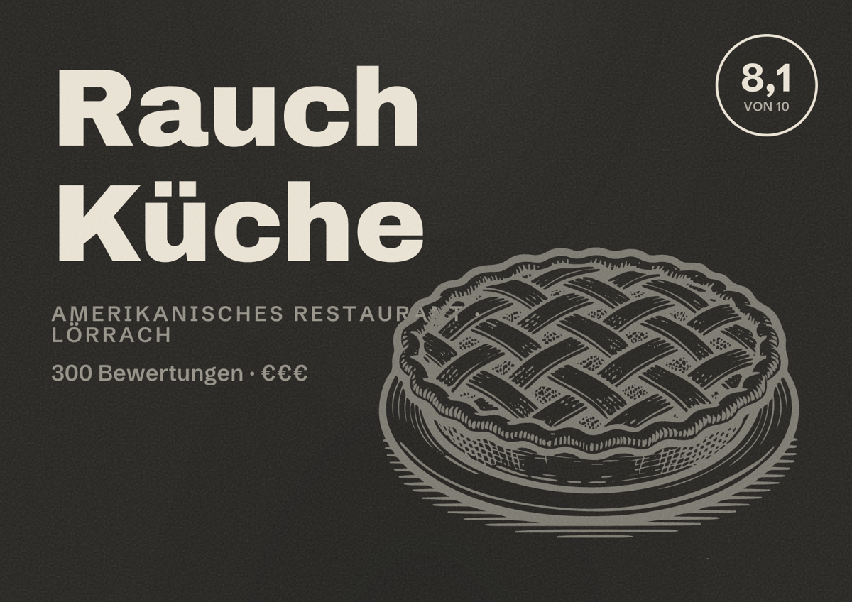 Illustriertes Poster von Rauch Küche, Amerikanisches Restaurant in Lörrach: Bewertung 8,1 von 10 aus 300 Bewertungen, Preisniveau €€€