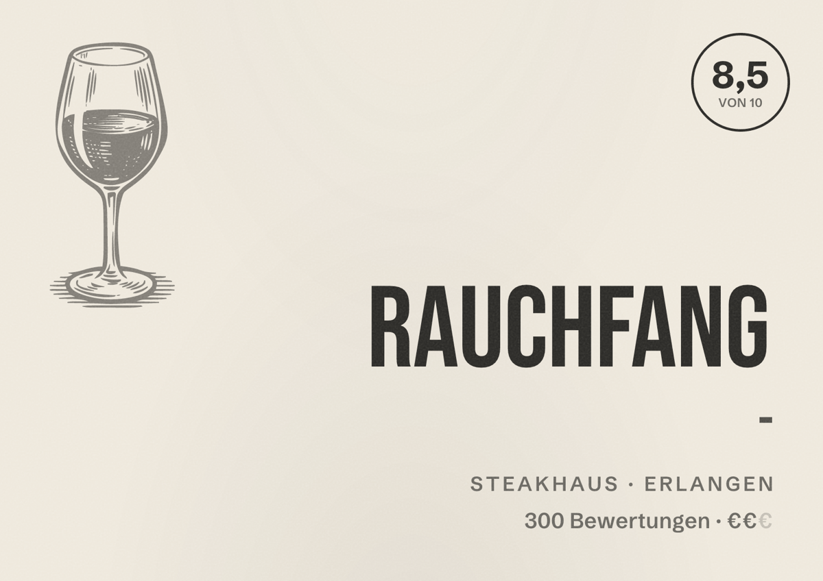 Illustriertes Poster von Rauchfang -, Steakhaus in Erlangen: Bewertung 8,5 von 10 aus 300 Bewertungen, Preisniveau €€