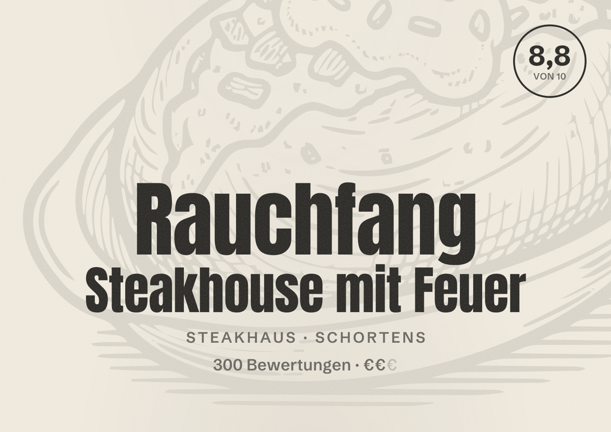 Illustriertes Poster von Rauchfang Steakhouse mit Feuer, Steakhaus in Schortens: Bewertung 8,8 von 10 aus 300 Bewertungen, Preisniveau €€