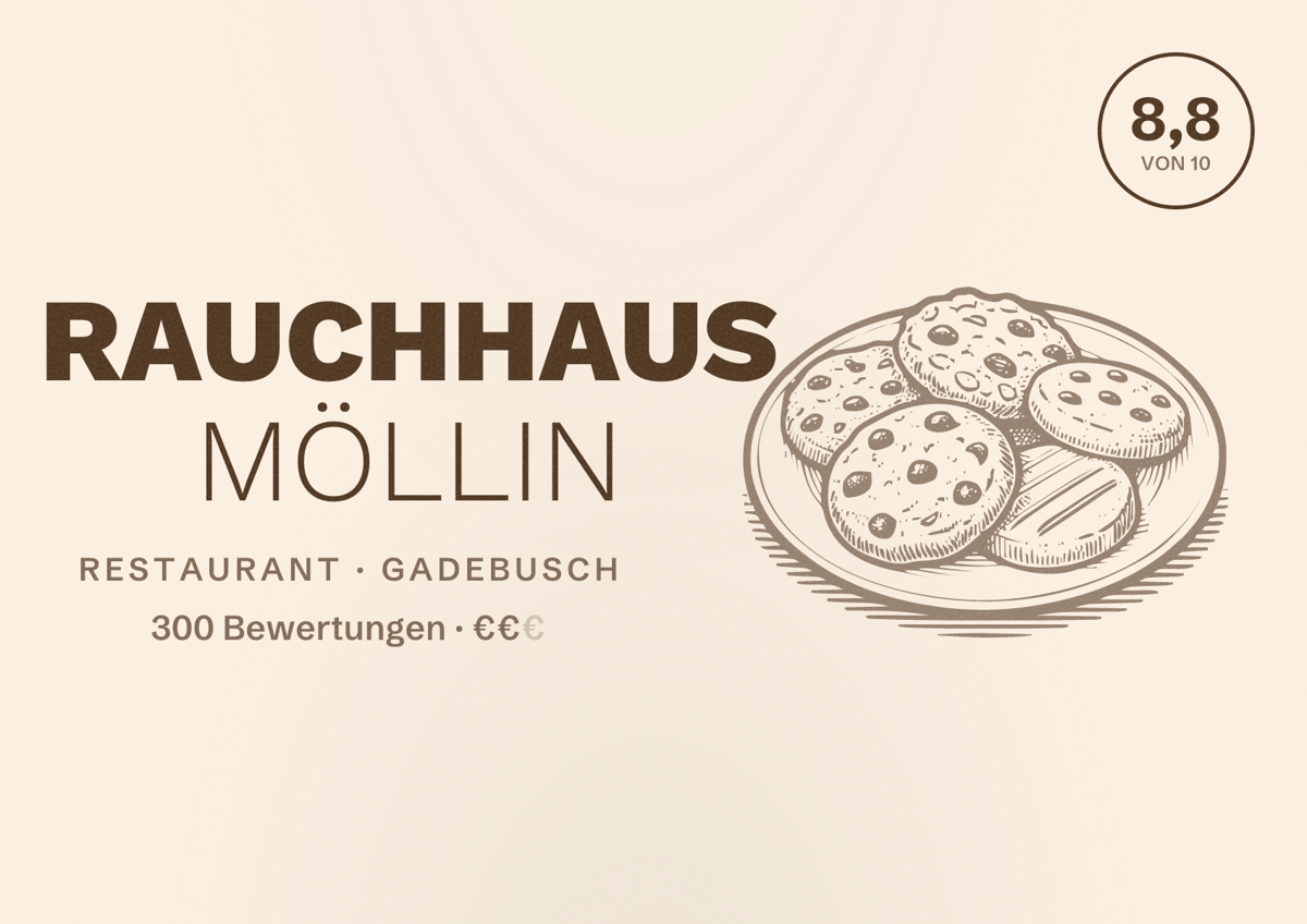 Illustriertes Poster von RAUCHHAUS MÖLLIN, Restaurant in Gadebusch: Bewertung 8,8 von 10 aus 300 Bewertungen, Preisniveau €€