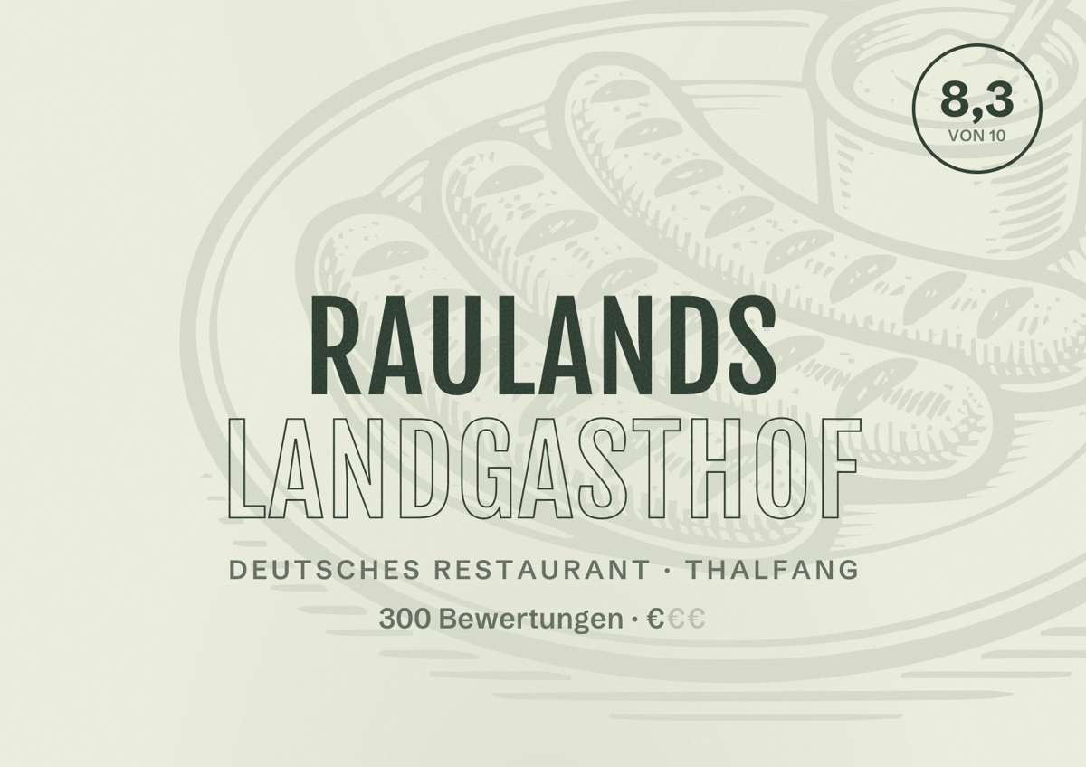 Illustriertes Poster von Raulands Landgasthof, Deutsches Restaurant in Thalfang: Bewertung 8,3 von 10 aus 300 Bewertungen, Preisniveau €