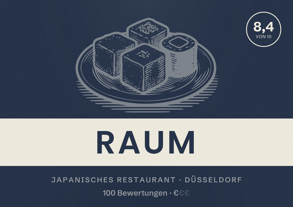 Illustriertes Poster von RAUM, Japanisches Restaurant in Düsseldorf: Bewertung 8,4 von 10 aus 100 Bewertungen, Preisniveau €