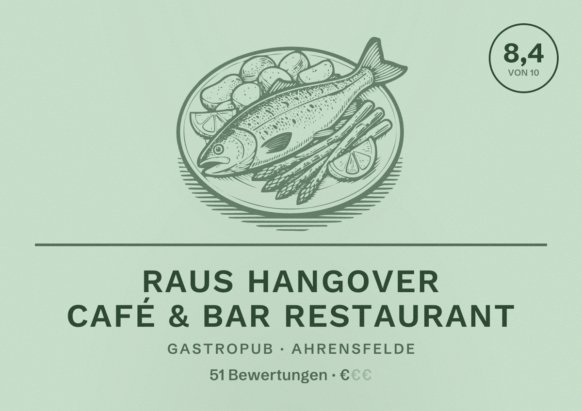 Illustriertes Poster von Raus Hangover Café & Bar Restaurant, Gastropub in Ahrensfelde: Bewertung 8,4 von 10 aus 51 Bewertungen, Preisniveau €