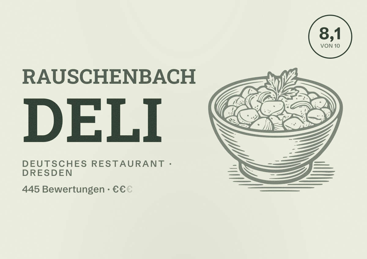 Illustriertes Poster von Rauschenbach deli, Deutsches Restaurant in Dresden: Bewertung 8,1 von 10 aus 445 Bewertungen, Preisniveau €€