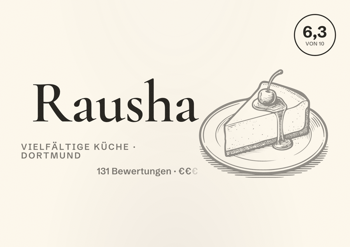 Illustriertes Poster von Rausha, Vielfältige Küche in Dortmund: Bewertung 6,3 von 10 aus 131 Bewertungen, Preisniveau €€