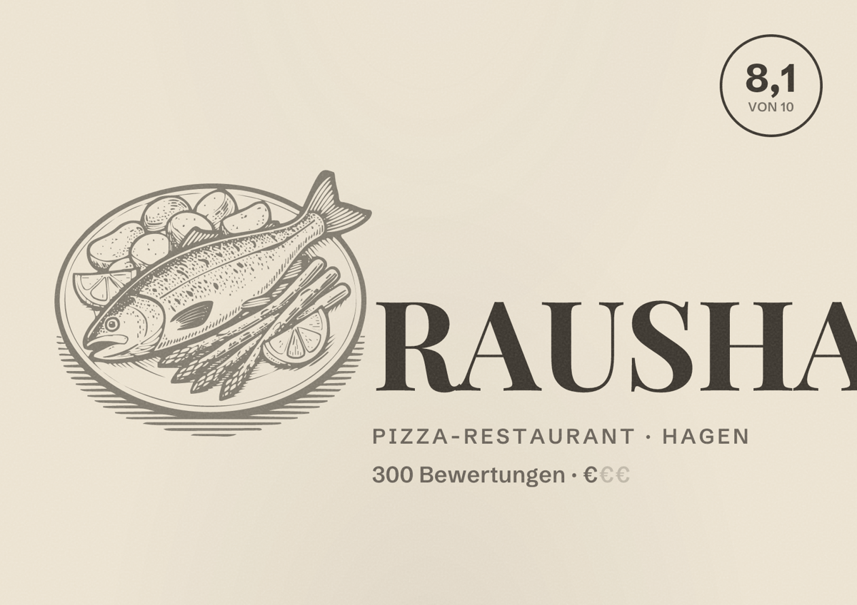 Illustriertes Poster von RAUSHA, Pizza-Restaurant in Hagen: Bewertung 8,1 von 10 aus 300 Bewertungen, Preisniveau €