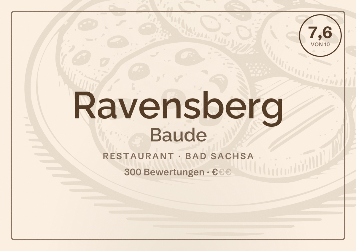 Illustriertes Poster von Ravensberg Baude, Restaurant in Bad Sachsa: Bewertung 7,6 von 10 aus 300 Bewertungen, Preisniveau €
