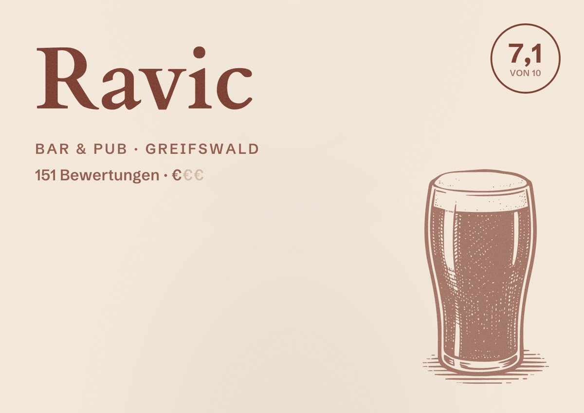 Illustriertes Poster von Ravic, Bar & Pub in Greifswald: Bewertung 7,1 von 10 aus 151 Bewertungen, Preisniveau €