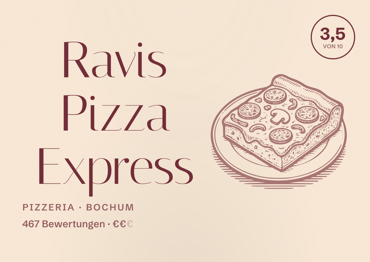 Illustriertes Poster von Ravis Pizza Express, Pizzeria in Bochum: Bewertung 3,5 von 10 aus 467 Bewertungen, Preisniveau €€
