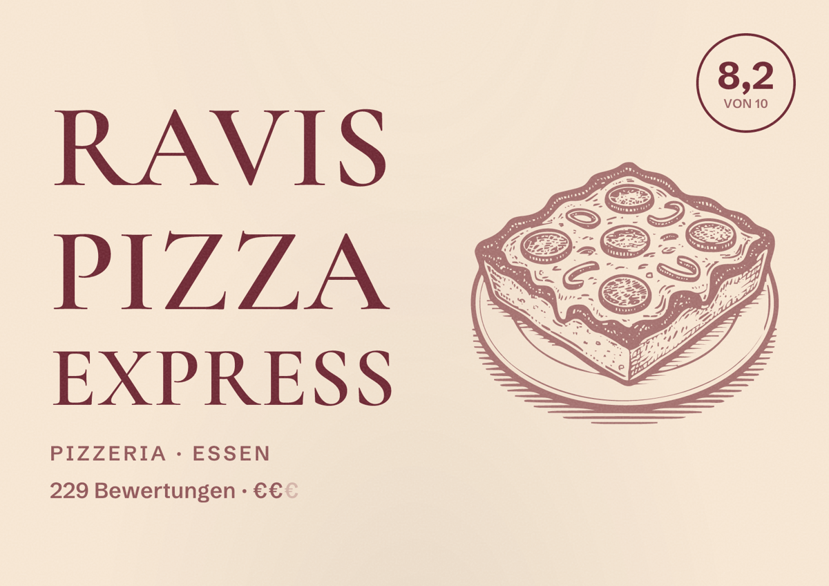 Illustriertes Poster von Ravis Pizza Express, Pizzeria in Essen: Bewertung 8,2 von 10 aus 229 Bewertungen, Preisniveau €€