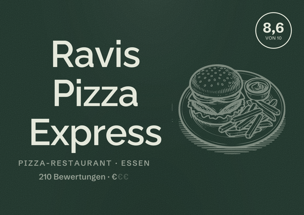 Illustriertes Poster von Ravis Pizza Express, Pizza-Restaurant in Essen: Bewertung 8,6 von 10 aus 210 Bewertungen, Preisniveau €