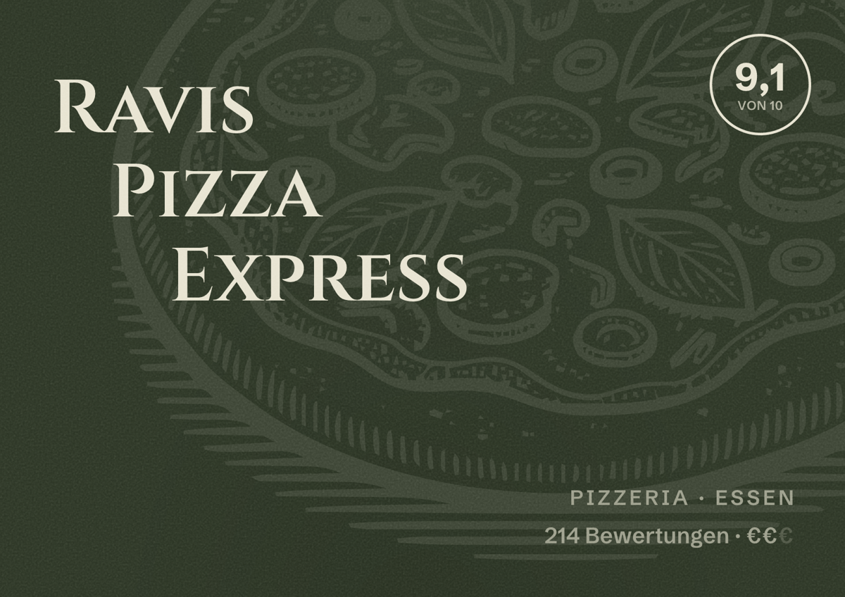 Illustriertes Poster von Ravis Pizza Express, Pizzeria in Essen: Bewertung 9,1 von 10 aus 214 Bewertungen, Preisniveau €€