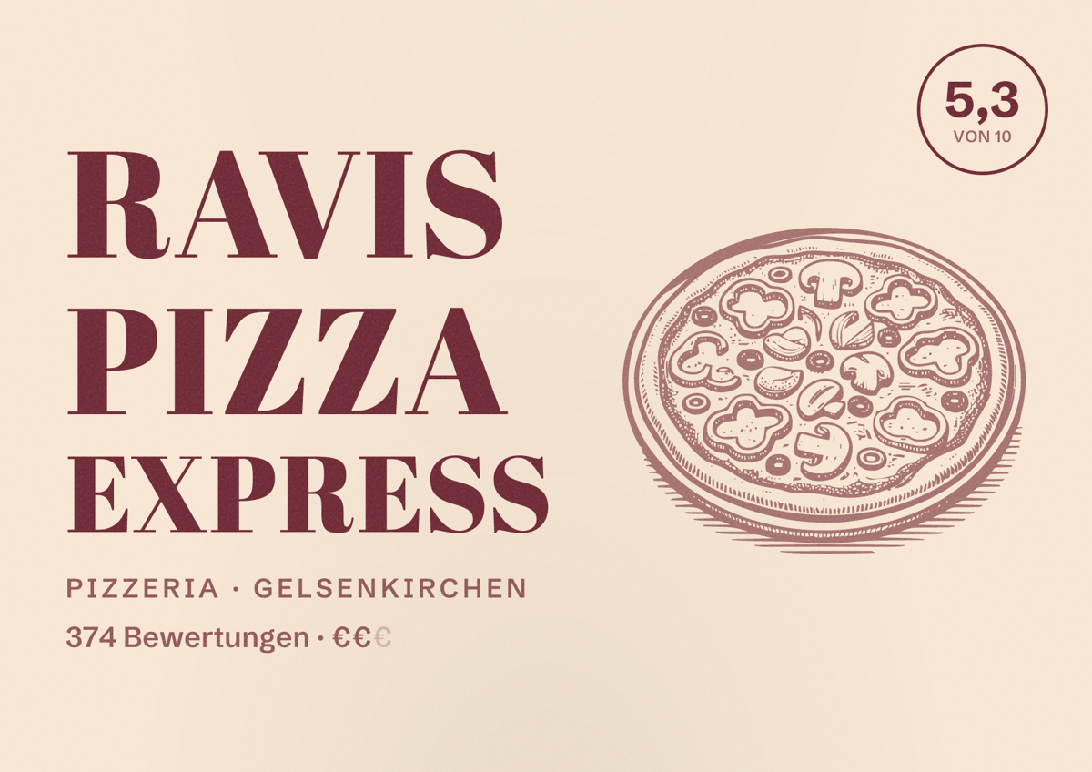 Illustriertes Poster von Ravis Pizza Express, Pizzeria in Gelsenkirchen: Bewertung 5,3 von 10 aus 374 Bewertungen, Preisniveau €€