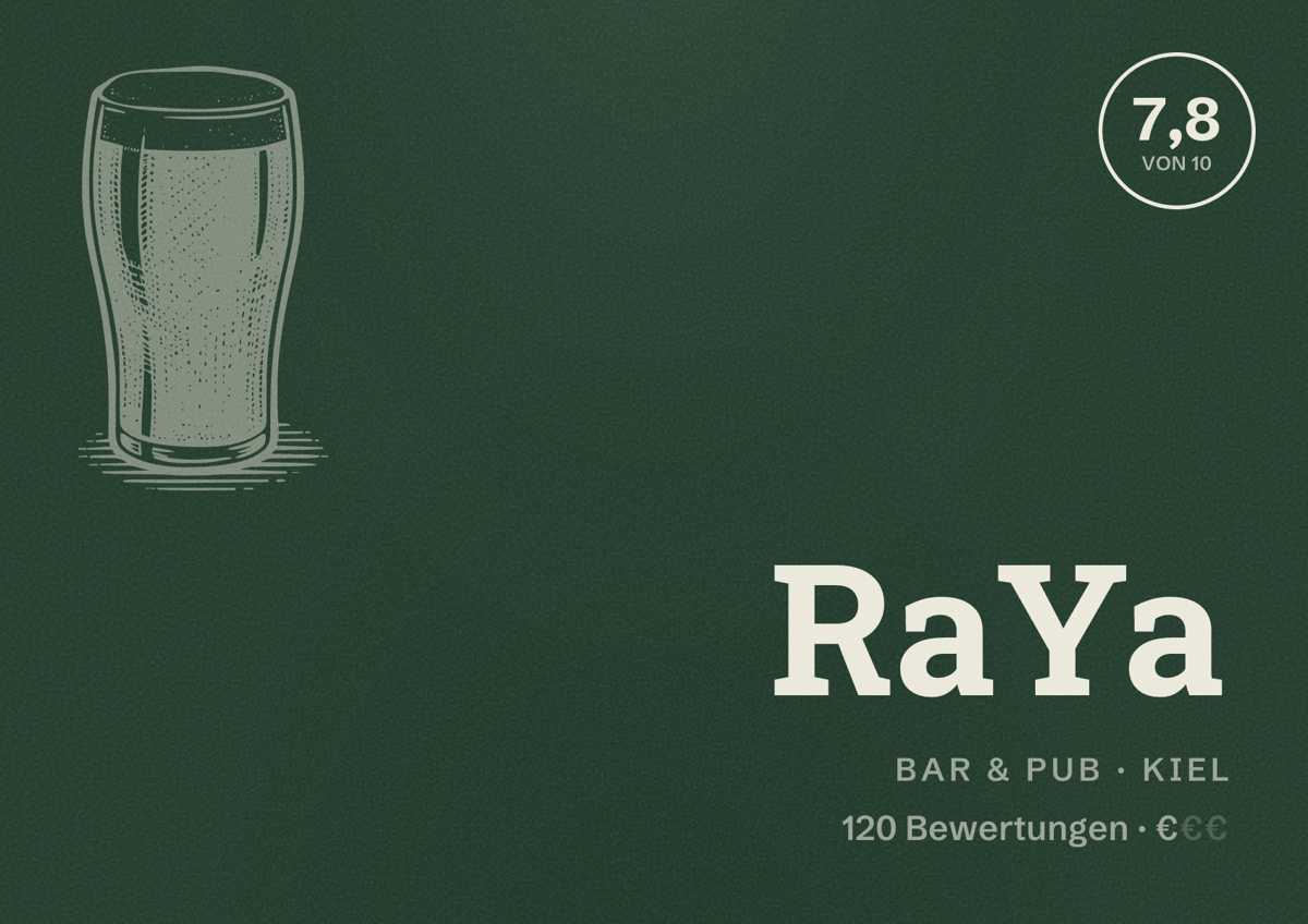 Illustriertes Poster von RaYa, Bar & Pub in Kiel: Bewertung 7,8 von 10 aus 120 Bewertungen, Preisniveau €