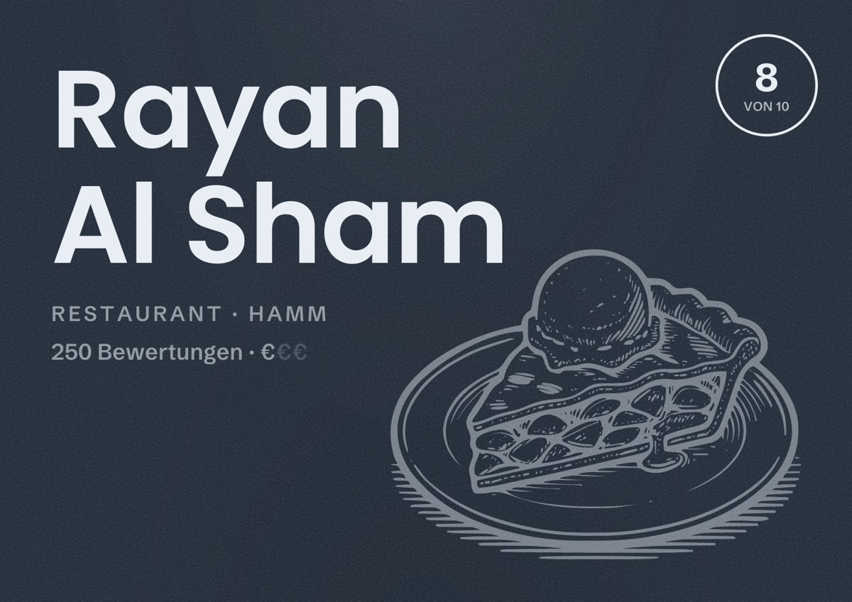 Illustriertes Poster von Rayan Al Sham, Restaurant in Hamm: Bewertung 8 von 10 aus 250 Bewertungen, Preisniveau €