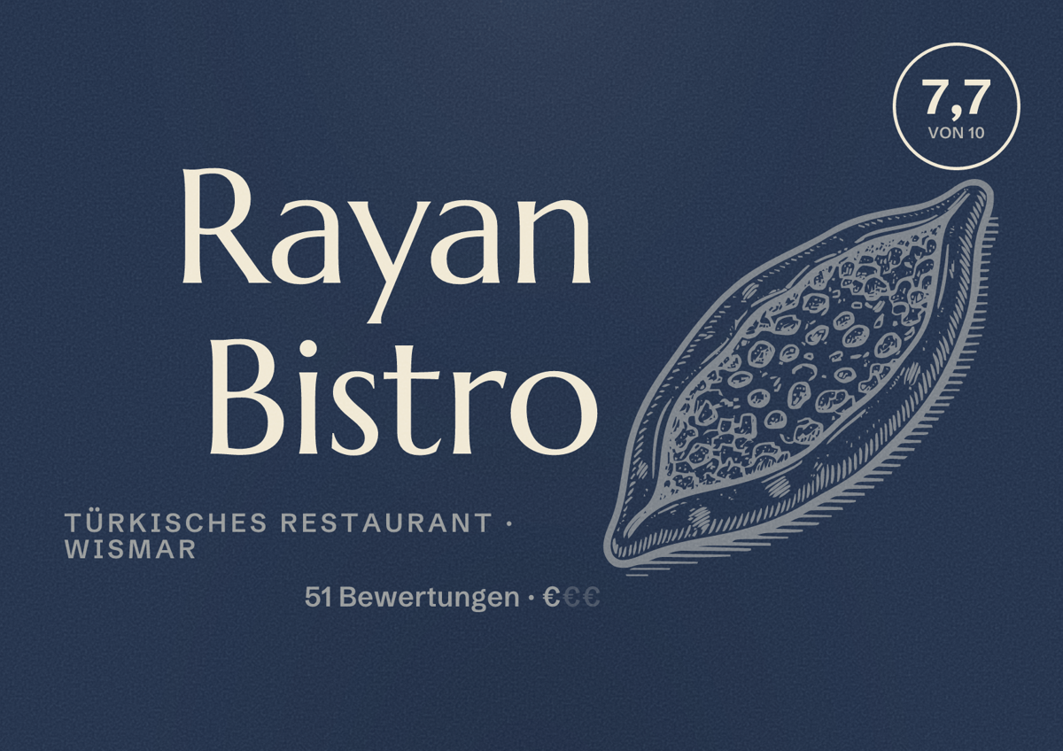 Illustriertes Poster von Rayan Bistro, Türkisches Restaurant in Wismar: Bewertung 7,7 von 10 aus 51 Bewertungen, Preisniveau €