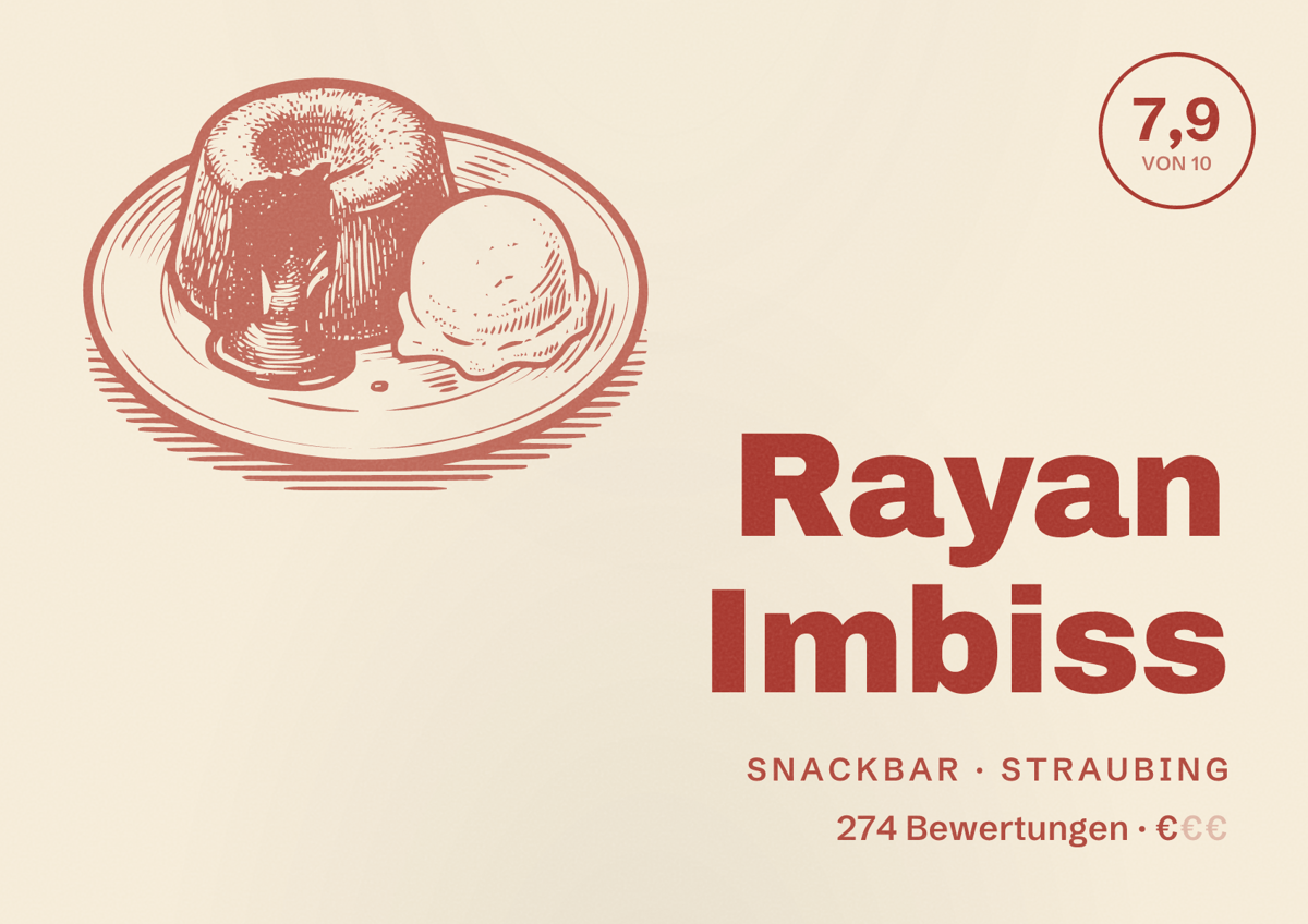 Illustriertes Poster von Rayan Imbiss, Snackbar in Straubing: Bewertung 7,9 von 10 aus 274 Bewertungen, Preisniveau €