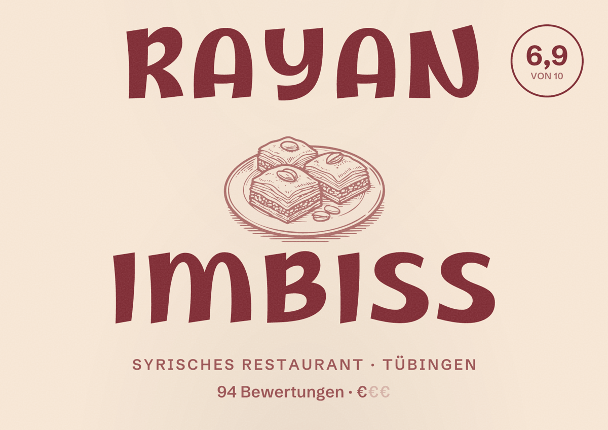 Illustriertes Poster von RAYAN IMBISS, Syrisches Restaurant in Tübingen: Bewertung 6,9 von 10 aus 94 Bewertungen, Preisniveau €