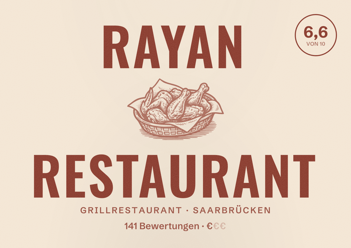 Illustriertes Poster von Rayan Restaurant, Grillrestaurant in Saarbrücken: Bewertung 6,6 von 10 aus 141 Bewertungen, Preisniveau €
