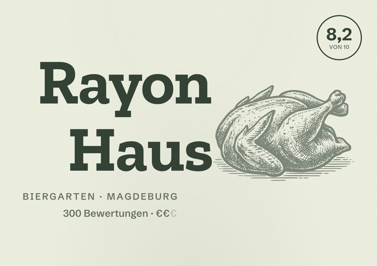 Illustriertes Poster von Rayon Haus, Biergarten in Magdeburg: Bewertung 8,2 von 10 aus 300 Bewertungen, Preisniveau €€