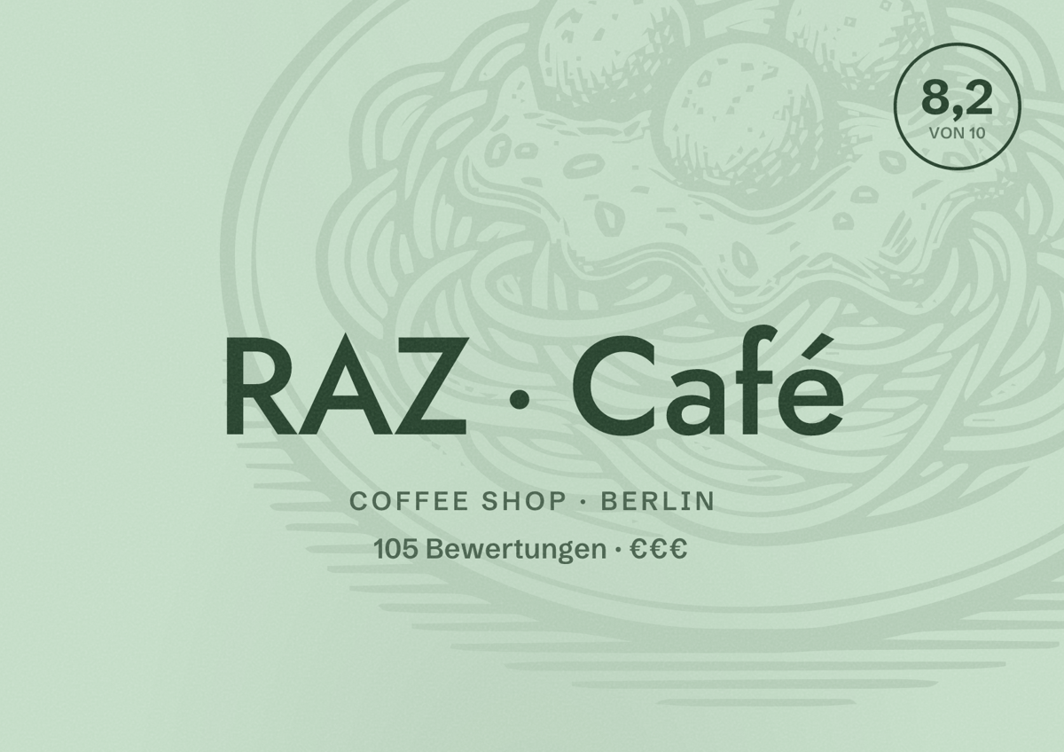 Illustriertes Poster von RAZ Café, Coffee Shop in Berlin: Bewertung 8,2 von 10 aus 105 Bewertungen, Preisniveau €€€