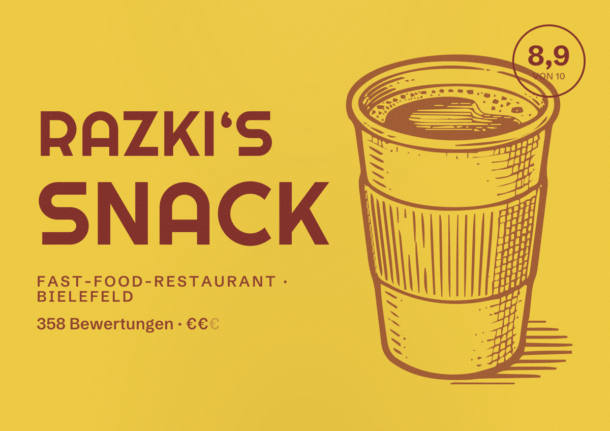 Illustriertes Poster von Razki‘s Snack, Fast-Food-Restaurant in Bielefeld: Bewertung 8,9 von 10 aus 358 Bewertungen, Preisniveau €€