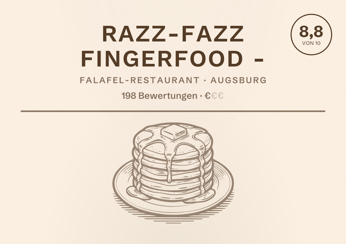 Illustriertes Poster von Razz-Fazz Fingerfood -, Falafel-Restaurant in Augsburg: Bewertung 8,8 von 10 aus 198 Bewertungen, Preisniveau €