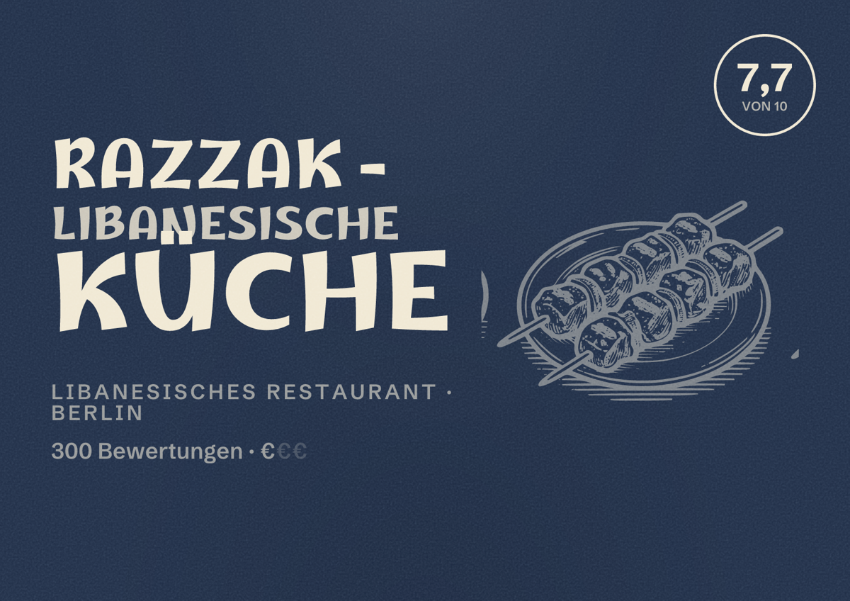 Illustriertes Poster von Razzak - Libanesische Küche, Libanesisches Restaurant in Berlin: Bewertung 7,7 von 10 aus 300 Bewertungen, Preisniveau €