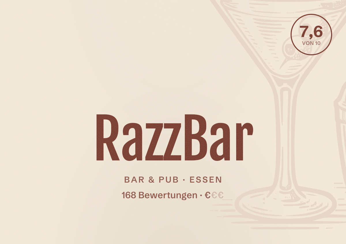 Illustriertes Poster von RazzBar, Bar & Pub in Essen: Bewertung 7,6 von 10 aus 168 Bewertungen, Preisniveau €
