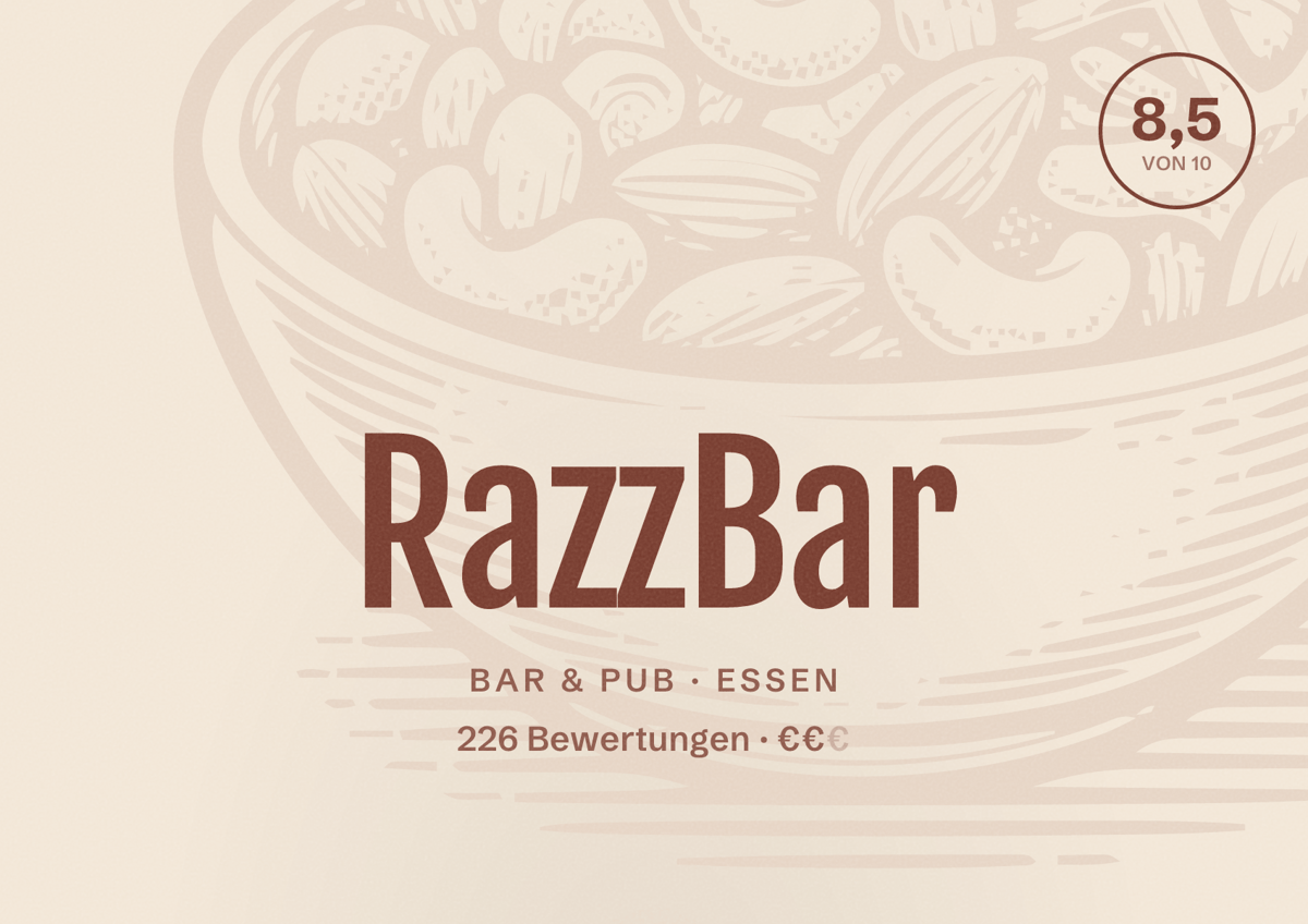 Illustriertes Poster von RazzBar, Bar & Pub in Essen: Bewertung 8,5 von 10 aus 226 Bewertungen, Preisniveau €€