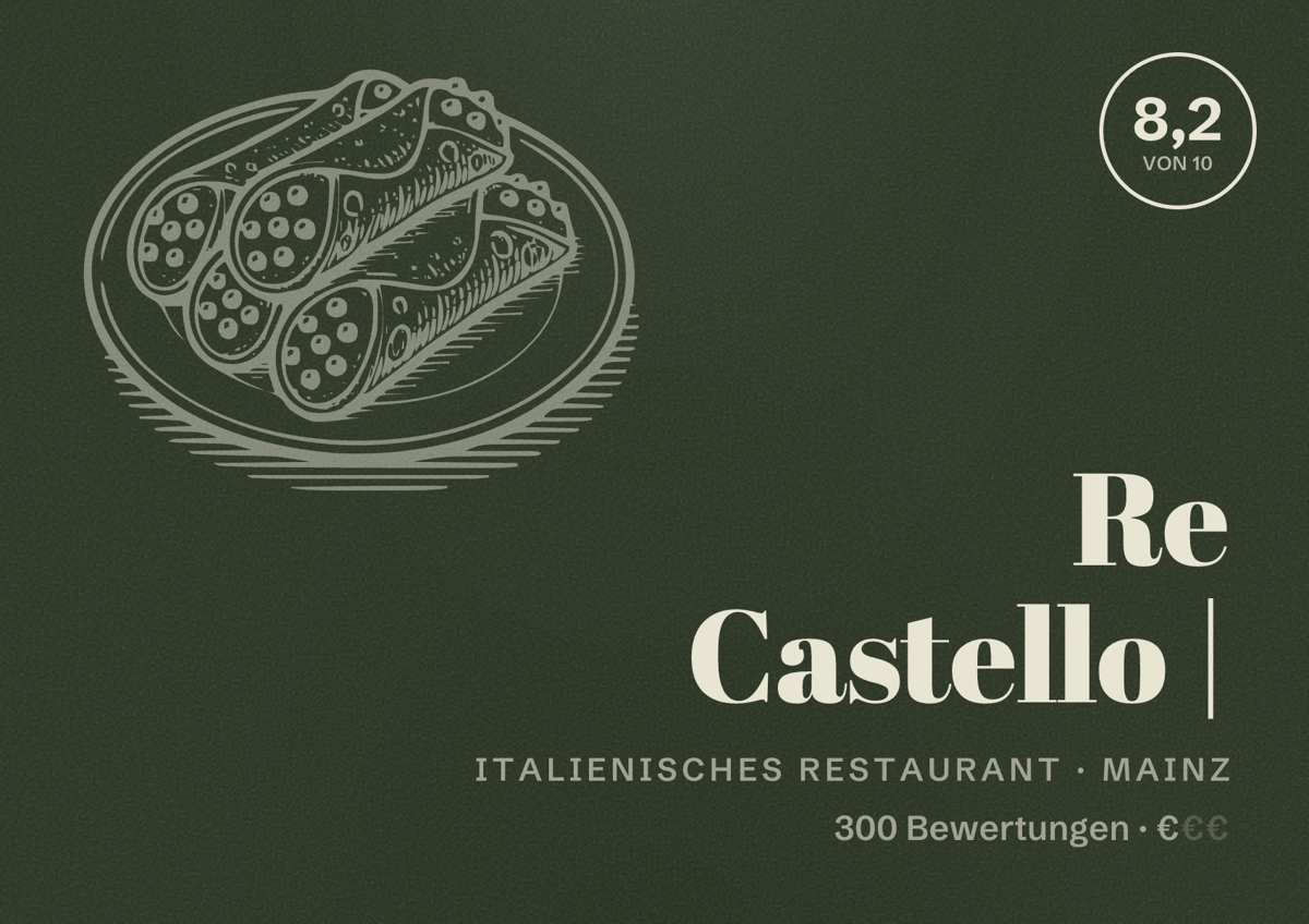Illustriertes Poster von Re Castello |, Italienisches Restaurant in Mainz: Bewertung 8,2 von 10 aus 300 Bewertungen, Preisniveau €