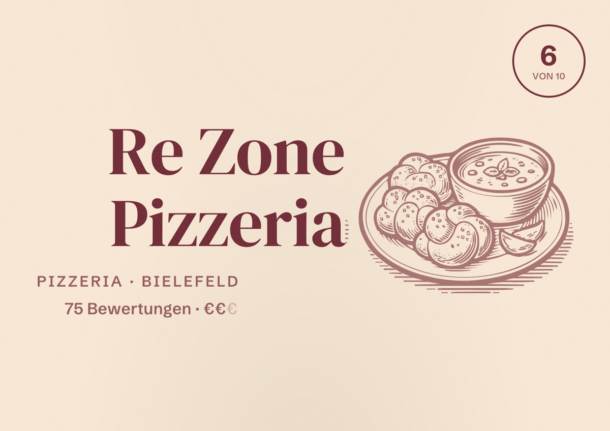 Illustriertes Poster von Re Zone Pizzeria, Pizzeria in Bielefeld: Bewertung 6 von 10 aus 75 Bewertungen, Preisniveau €€