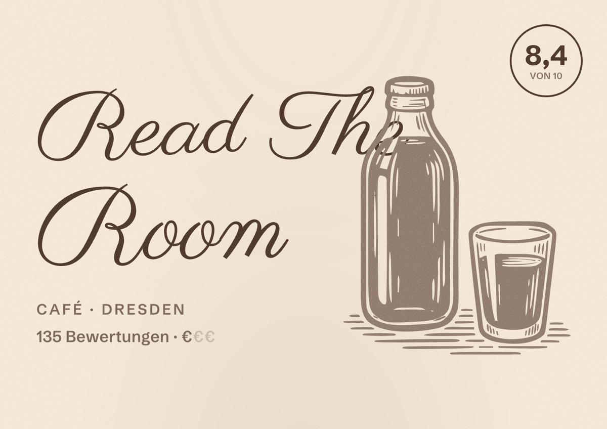 Illustriertes Poster von Read The Room, Café in Dresden: Bewertung 8,4 von 10 aus 135 Bewertungen, Preisniveau €