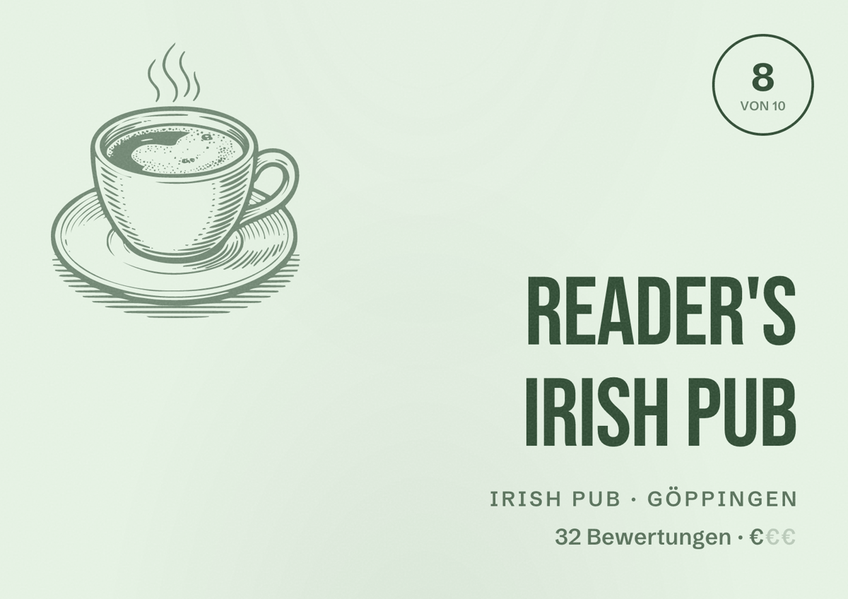 Illustriertes Poster von Reader's Irish Pub, Irish Pub in Göppingen: Bewertung 8 von 10 aus 32 Bewertungen, Preisniveau €