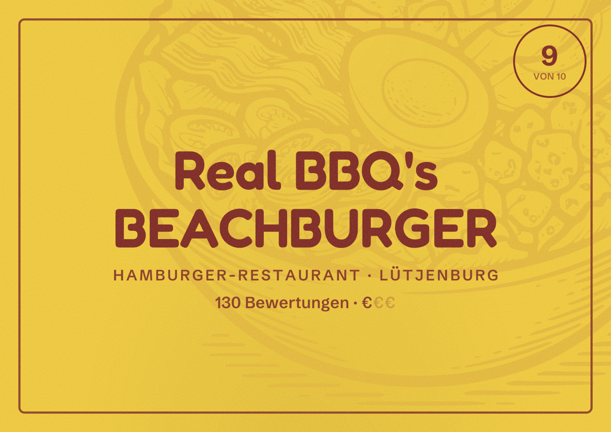 Illustriertes Poster von Real BBQ's BEACHBURGER, Hamburger-Restaurant in Lütjenburg: Bewertung 9 von 10 aus 130 Bewertungen, Preisniveau €