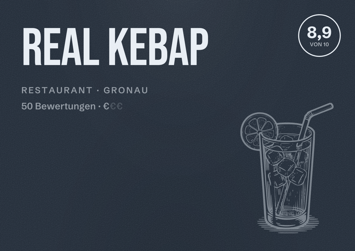 Illustriertes Poster von Real Kebap, Restaurant in Gronau: Bewertung 8,9 von 10 aus 50 Bewertungen, Preisniveau €