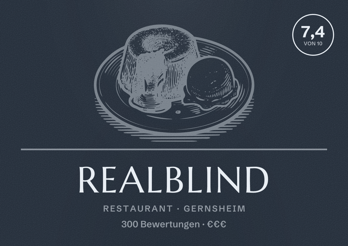 Illustriertes Poster von RealBlind, Restaurant in Gernsheim: Bewertung 7,4 von 10 aus 300 Bewertungen, Preisniveau €€€