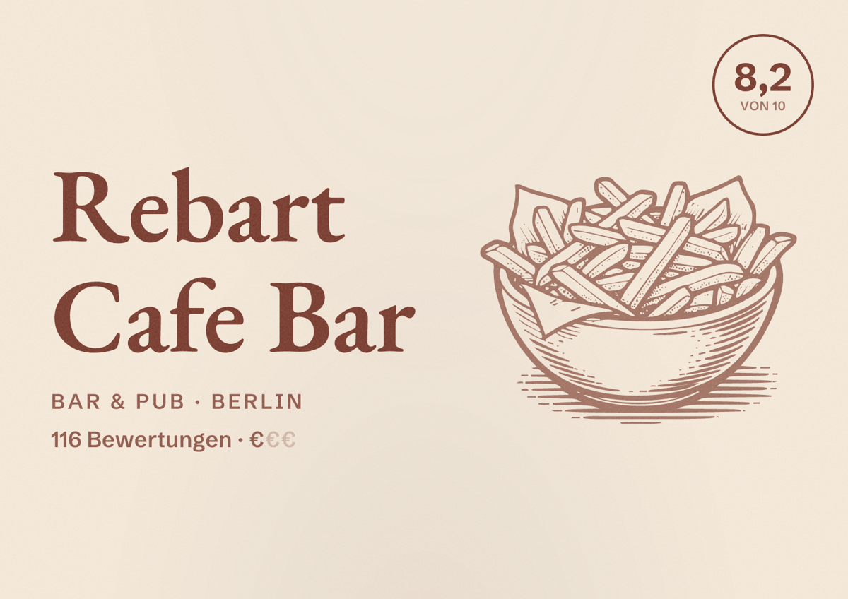 Illustriertes Poster von Rebart Cafe Bar, Bar & Pub in Berlin: Bewertung 8,2 von 10 aus 116 Bewertungen, Preisniveau €